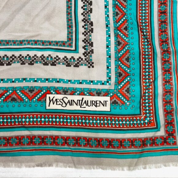 Vintage Yves Saint Laurent YSL scarf   cotton/ silk  31 Green gray red dott(25) - Picture 8 of 10